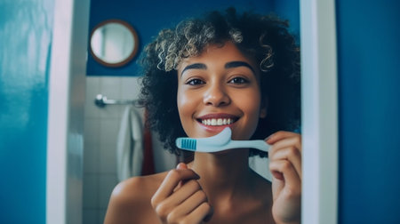 Dental care beauty and happiness concept Positive Afro American teen girl opens mouth widely brushes teeth in morning with toothbrush and toothpaste feels happy models ov : Generative AIの素材