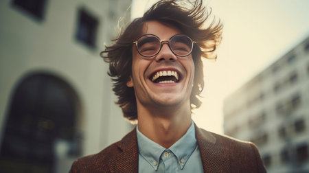 Close up shot of cheerful satisfied attractive male with stubble has broad smile wears round spectacles rejoices success at work stands against cozy interior Fashionable  : Generative AIの素材