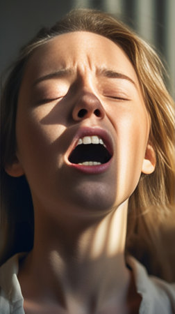 Closeup portrait headshot sleepy young woman with wide open mouth yawning eyes closed looking bored isolated grey wall background Face expression emotion body language : Generative AIの素材