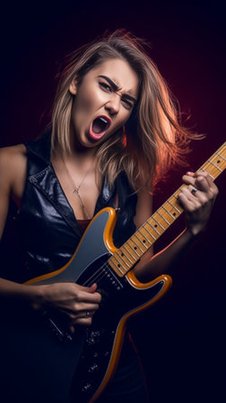 Crazy woman plays hard rock music on electric guitar sings song loudly demonstrates her talent prepares for musical festival has trendy pink hairstyle poses indoor Profes : Generative AIの素材
