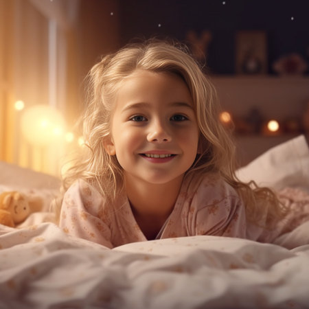 Healthy sleep and childhood concept Pleased attractive female kid listens to fairy tales readed by father before sleep feel comfortably in bedroom Restful pretty child en : Generative AIの素材
