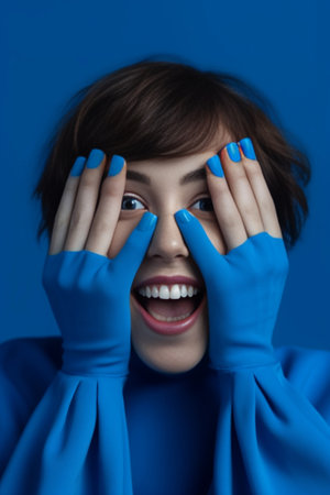 Closeup portrait of a young woman scared afraid and anxious biting her finger nails looking at camera with wide opened eyes isolated on a blue background Human emotions : Generative AIの素材