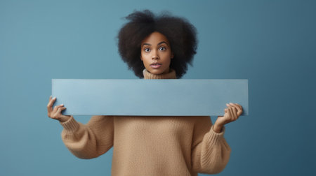 Curly haired dark skinned young woman gives advice where to go indicates place for advertisement breaks through blue background wears knitted sweater recommends something : Generative AIの素材