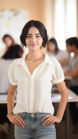 Confident charming young female teacher of arts wearing striped top and grey apron posing in her studio keeping arms crossed waiting for students for morning class People : Generative AIの素材