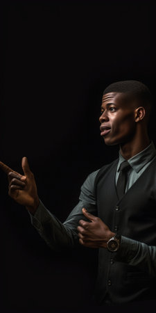 Close up portrait of darkskinned student with pensive and concentrated expression trying to recollect something standing at blackboard Thoughtful serious black man wearin : Generative AIの素材