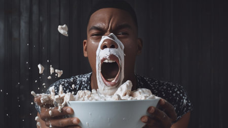 Dejected puzzled black African American guy carries basin with linen has sorrowful facial expression frustrated to have much work looks with stressful face has no time fo : Generative AIの素材