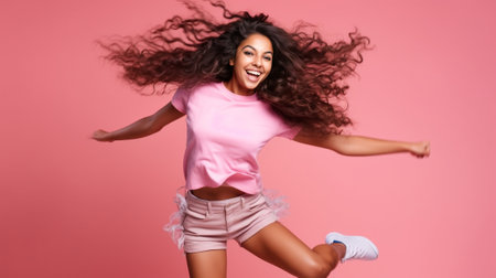 Dance with me Upbeat dark skinned teenager raises arms moves with rthythm of melody feels energetic dressed in bright orange jumper has fun isolated on pink background Mu : Generative AIの素材