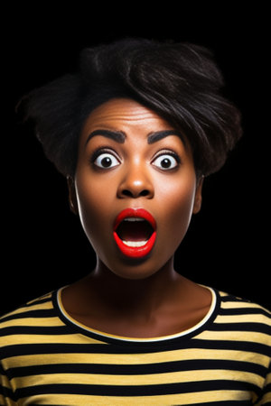 Cute young darkskinned female with stylish haircut and facial piercing singing opening her mouth widely looking down with joyful and happy smile Positive human face expre : Generative AIの素材