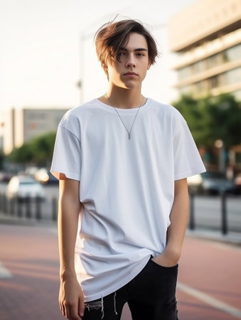 Cropped portrait of teenage boy wearing denim shorts and blank white Tshirt with copy space for your text or promotional content posing against urban background looking a : Generative AIの素材