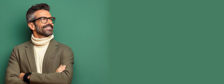 Gloomy dissatisfied man looks upwards smirks face and stays serious displeased with something unfair wears glasses and casual clothing isolated on green background blank  : Generative AIの素材