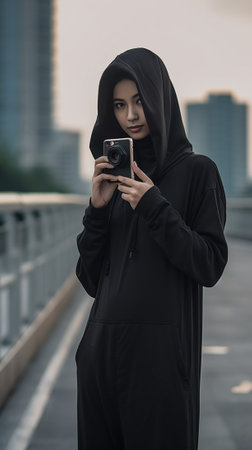 Cropped shot of faceless woman in hoodie uses mobile phone with mock up screen for your text message or information content dressed in casual hoodie holds modern digital  : Generative AIの素材