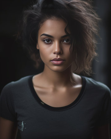 Headshot of serious young mixed race female wearing dark tshirt looking at camera her eyes full of distrust and disappoinment as she has quarrel with boyfriend standing i : Generative AIの素材