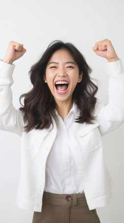 Emotional encouraged woman clenches fists celebrates winning prize achieves goal screams yeah shakes clenched fists dressed inn casual clothes poses against white backgro : Generative AIの素材