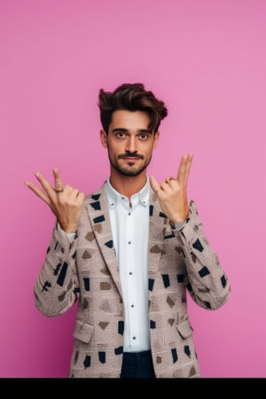 Concentrated bearded man wears formal shirt and tie bow makes ok sign closes eyes shows approval or tries to relax poses against pink background meditates indoor People b : Generative AIの素材
