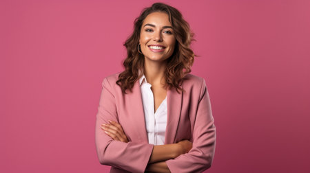 Happy young woman keeps arms crossed over chest smiles toothily wears casual pink jacket expresses positive emotions isolated over blue background with blank space for yo : Generative AIの素材
