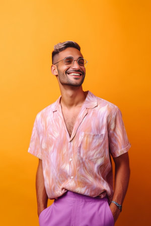 Handsome cheerful European guy with thick bristle smiles broadly wears optical spectacles and brown shirt being in good mood dresses for work poses against pink backgroun : Generative AIの素材