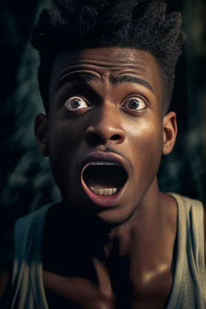 Close up studio shot of crazy goofy young African male making mouths frowning staring at camera with terrified frightened look posing indoors at grey wall Human facial ex : Generative AIの素材