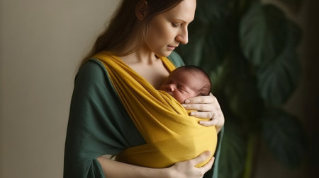 Exhausted mother yawns and wants to sleep poses with newborn baby wrapped in blanket tired of doing domestic chores has much work as cares about infant Parenthood tiredne : Generative AIの素材