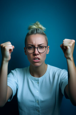 Closeup portrait of surprised young handsome blonde business woman looking shocked in full disbelief hands on head open eyes with glasses isolated on blue background Posi : Generative AIの素材
