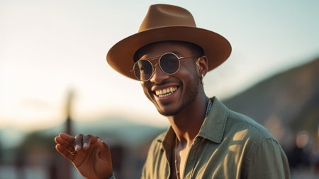 Handsome young Afro American male tourist wearing hat and trendy shades smiling happily while reading sms on smart phone messaging his girlfriend online using free wifi h : Generative AIの素材