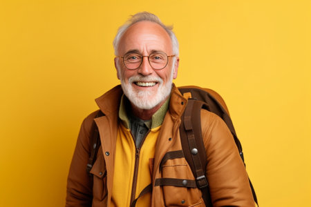 Displeased senior man presses hand to chest has heart attack needs pinkillers dressed in casual turtleneck wears spectacles isolated over yellow background People age hea : Generative AIの素材