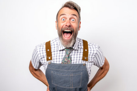 Funny unshaven European man makes funny grimace frowns face raises hands doesnt want to iron laundry surrounded with washed linen and clothes does domestic work Housekeep : Generative AIの素材