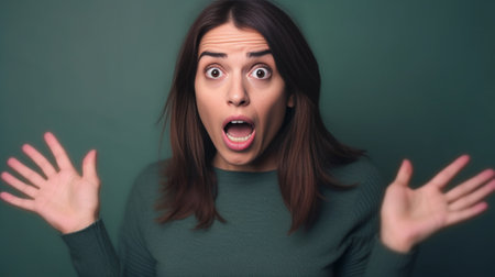 Enraged young Caucasian woman makes angry gesture opens mouth in annoyance feels outraged furious stands against pink studio background with copy space for your promotion : Generative AIの素材