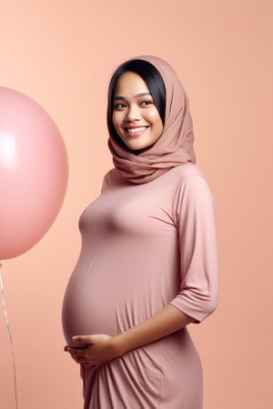 Glad pregnant woman with tummy holds baby stuff prepares for newborn birth expresses positive emotions isolated on pink background Happy anticipation expectation and preg : Generative AIの素材