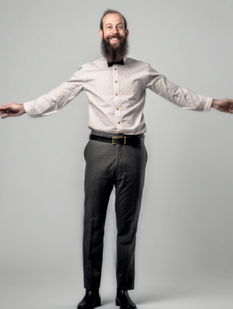 Emotive bearded man wears formal shirt and bow tie happy to celebrate anniversary invites friends on party glad to recieve presents Happy young unshaven male in festive c : Generative AIの素材