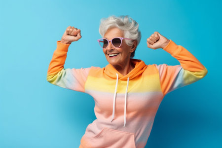 Good looking retired woman spreads palms smiles gently smiles positively wears transparent glasses sweater has bright makeup cares about appearance in old age isolated ov : Generative AIの素材