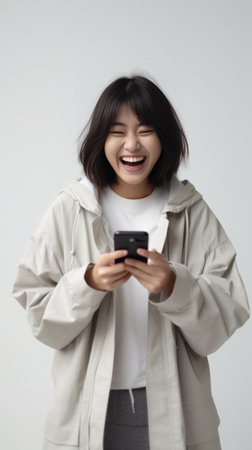 Happy Asian woman checks notification via cellphone sends text messages in social networks wears warm panama and blue jacket isolated over white background receives congr : Generative AIの素材