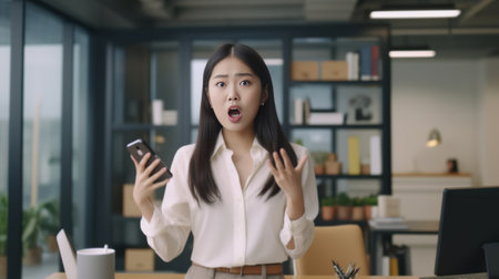 Female enterpreneur or businesswoman being disappointed with news from colleague reads message on smartphone shocked to recieve responsibility prepare difficult project f : Generative AIの素材