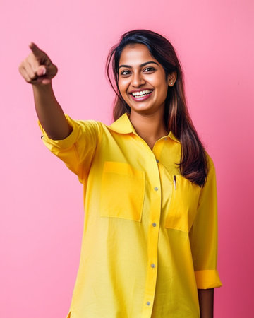 Glad pretty black female model points with index finger aside wears yellow shades casual clothing shows free space for your advertisement or promotional content Ethnic gi : Generative AIの素材