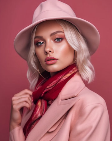 Gorgeous lady with blonde hair wears hat dress and kerchief around neck presses hands to heart expresses truthful feelings and gratitude isolated over beige background co : Generative AIの素材