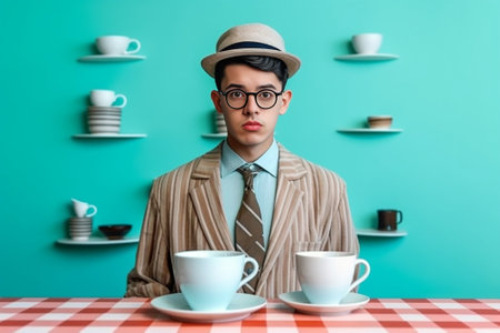 Funny male student has clueless expression spreads palm has doubtful expression keeps lamp on head as hat drinks fresh coffee foolishes ater long hours working dressed in : Generative AIの素材