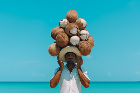 Funny male life preserver carries two coconuts near eyes wears striped vest lifebuoy with rope on body foolishes during spare time works at beach isolated over blue backg : Generative AIの素材