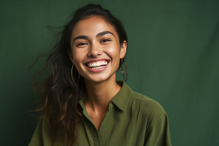 Happy brunette pretty teenage girl has upbeat mood laughs and sits against grey concrete wall dressed in green fashionable clothes expresses positive emotions People free : Generative AIの素材