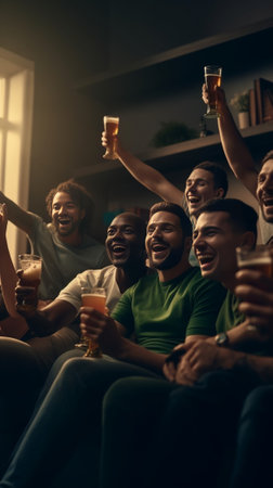 Funny diverse friends watch with different emotions football match point at camera spends evening free time together at home eat different snacks and drink beer embrace a : Generative AIの素材