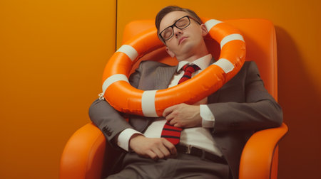 Desperate boss sobs from despair holds swim ring cannot afford having summer vacation spends much time in office carries swimring cries indoor wears optical glasses and f : Generative AIの素材