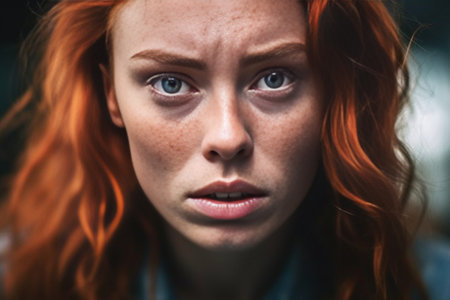 Indoor portrait of sad young woman wearing her long ginger hair loose looking down with unhappy face expression after breaking up with her boyfriend Upset teenage girl wi : Generative AIの素材