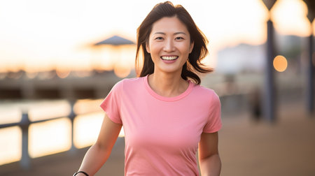 Happy sportive female in pink top has sport training outdoor being in good mood and very active likes fitness and moving Young woman runner overcomes long distance Active : Generative AIの素材