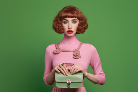 Moody offended woman stands with crossed hands purses lips being offended looks from under forehead wears green sweater stands over pink wall copy space area on right sid : Generative AIの素材