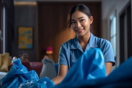 Domestic service concept Pleased Asian woman housekeeper wears headband and earrings has much responsibilities cleans room holds detergent and mop busy doing laundry has  : Generative AIの素材