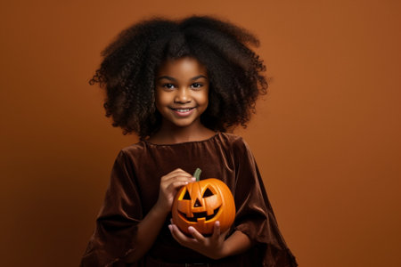 Horrible stupefied curly haired woman holds halloween pumpkin wrapped with spider web stands together with small cheerful girl indoor decorate room for spooky night in Oc : Generative AIの素材