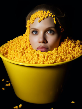Image of astonished woman showing only face poses against popcorn background Scared female model watches horror film in cinema surrounded by air popped corn hidden in tas : Generative AIの素材