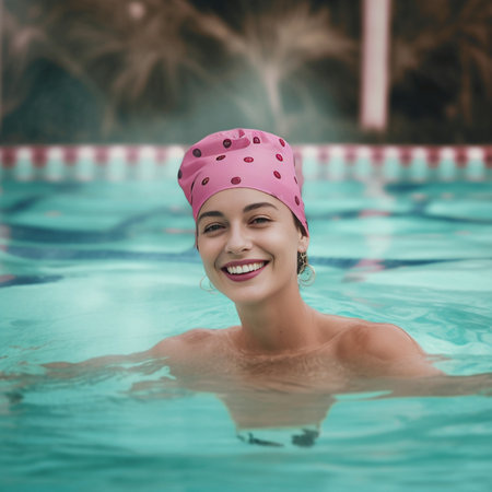 Half length shot of serious young woman with healthy skin has slim body wears black bathingsuit swimhat and goggles has rubber pink flamingo on shoulder likes swimming du : Generative AIの素材