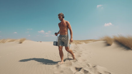 Horizontal shot of muscled young sportsman or athlete does plank position enjoys fresh marine air stretches on sandy beach listens nice audio warms up before morning work : Generative AIの素材