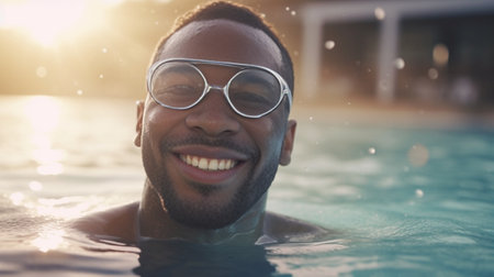 Half length shot of cheerful Afro American man has wet muscular body being in good mood after swimming and diving wears goggles looks aside has toothy smile dreams about  : Generative AIの素材