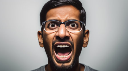 Headshot of young bugeyed darkskinned man in glasses touching his head and opening mouth widely screaming with disbelief and surprise realizing his dream came true isolat : Generative AIの素材