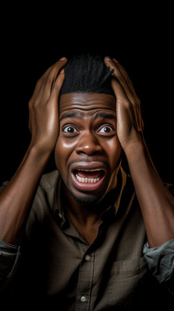 Headshot of young darkskinned man pointing at himself making excuses or verbally defending having perplexed and puzzled look as if saying Who me Human face expressions em : Generative AIの素材